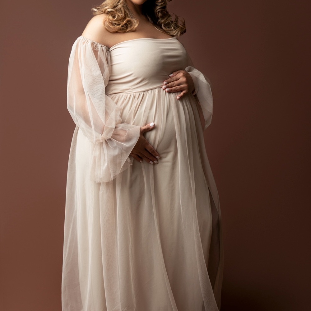 Off-Shoulder Maternity Maxi Dress in Soft Beige